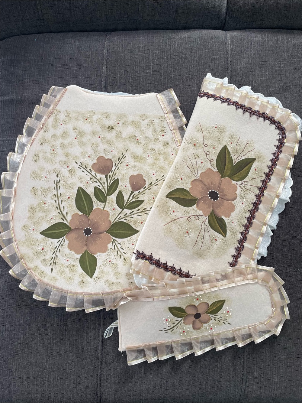 Hand-Painted Floral Beige Kitchen Linen Set